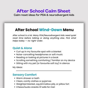 ADHD Autism After School Wind Down Menu | Calm Down Routine for ADHD, PDA for Parents, Emotional Regulation Printable, Pdf Download