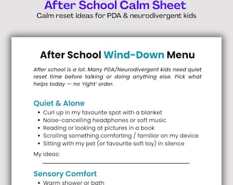 ADHD Autism After School Wind Down Menu | Calm Down Routine for ADHD, PDA for Parents, Emotional Regulation Printable, Pdf Download