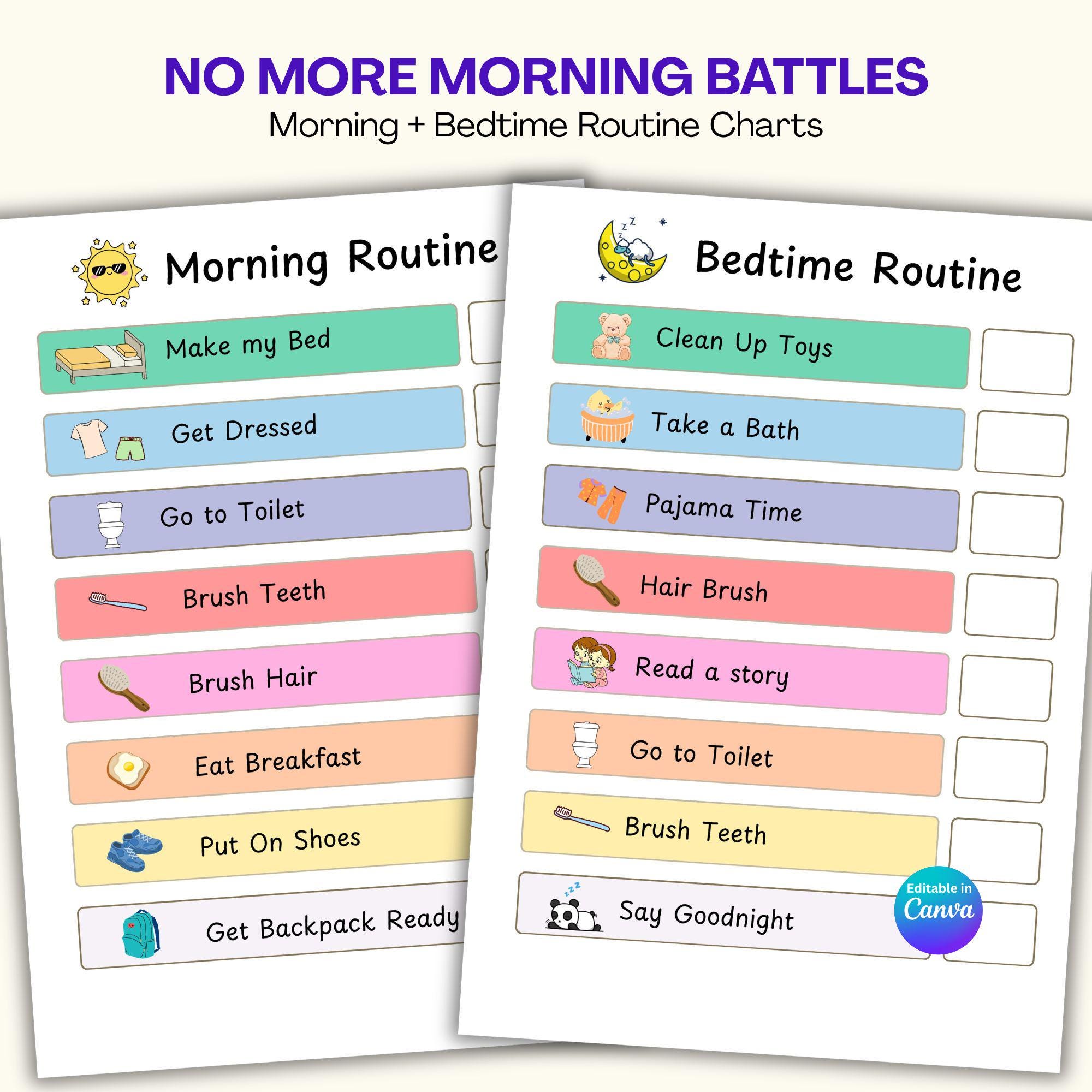Morning & Bedtime Routine Charts for Kids, ADHD Autism Visual Checklist ...