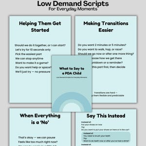 Puede incluir: Un conjunto de tarjetas informativas con el t&iacute;tulo "Low Demand Scripts For Everyday Moments". Las tarjetas ofrecen orientaci&oacute;n sobre estrategias de comunicaci&oacute;n para ni&ntilde;os, incluyendo frases para empezar, gestionar transiciones y responder a negativas. La tarjeta central dice "What to Say to a PDA Child".