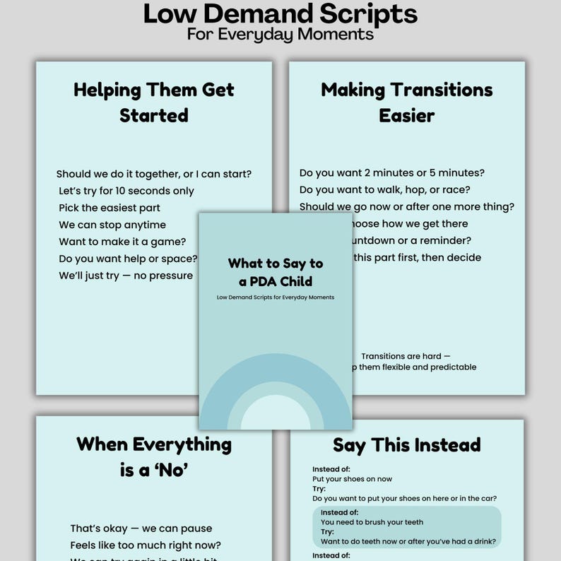 Puede incluir: Un conjunto de tarjetas informativas con el t&iacute;tulo "Low Demand Scripts For Everyday Moments". Las tarjetas ofrecen orientaci&oacute;n sobre estrategias de comunicaci&oacute;n para ni&ntilde;os, incluyendo frases para empezar, gestionar transiciones y responder a negativas. La tarjeta central dice "What to Say to a PDA Child".