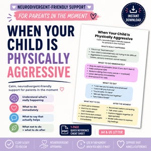 Op de afbeelding: Een digitaal document getiteld When Your Child Is Physically Aggressive, met neurodivergent-vriendelijke ondersteuning voor ouders. Het bevat secties over wat er gebeurt, directe acties, wat te zeggen en wat niet te doen.