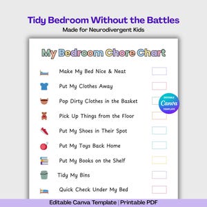 Kids Bedroom Chore Chart Printable, ADHD Autism Friendly, Room Cleaning Checklist for Kids, Visual Routine Chart,  Canva Template + PDF