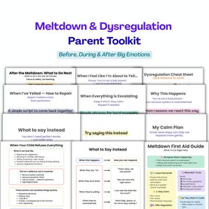 May include: A digital toolkit titled Meltdown & Dysregulation Parent Toolkit: Before, During & After Big Emotions. It includes multiple informational pages with headings like After the Meltdown, When Everything is Escalating, and Meltdown First Aid Guide.