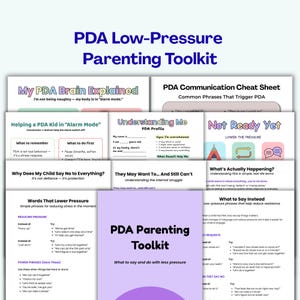 May include: A collection of informational sheets titled PDA Low-Pressure Parenting Toolkit, featuring guides like My PDA Brain Explained, PDA Communication Cheat Sheet, Helping a PDA Kid in Alarm Mode, and various strategies for reducing stress.