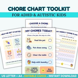 May include: A chore chart toolkit for ADHD and autistic kids featuring three printable pages. The sheets include a 'Help Me Get Started' guide, a 'My Chores Today' list with icons for tasks, and a 'My Weekly Chore Plan' with checkboxes for each day.