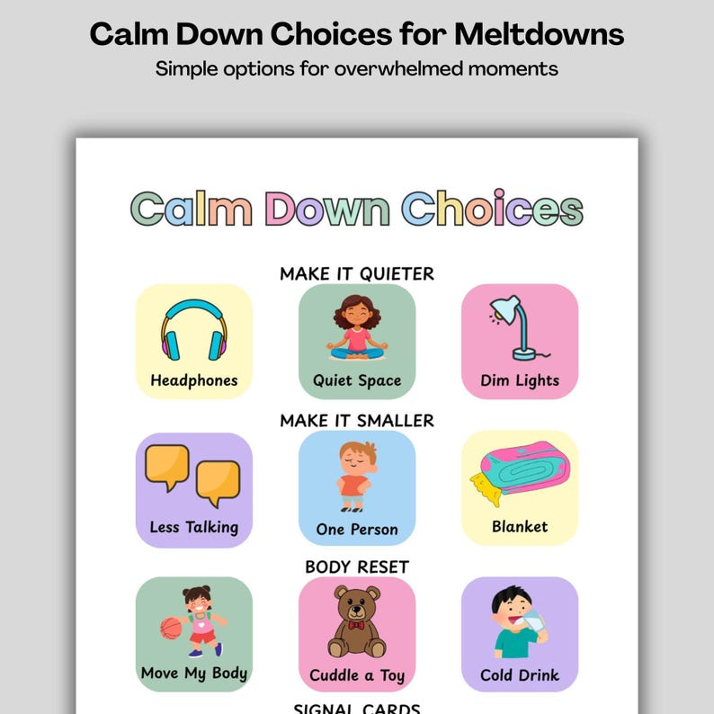 Puede incluir: Un gr&aacute;fico colorido titulado "Calm Down Choices" con opciones para manejar los colapsos. El gr&aacute;fico incluye ilustraciones de auriculares, un espacio tranquilo, luces bajas, menos hablar, una persona, una manta, mover el cuerpo, un oso de peluche y una bebida fr&iacute;a.