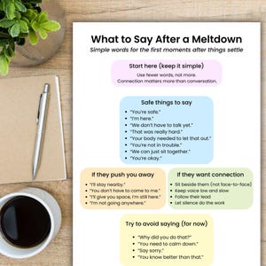 May include: A white paper with the title "What to Say After a Meltdown" and advice for calming down. The paper includes lists of phrases to use and avoid, with a coffee cup and pen in the background.