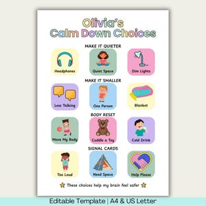 Calm Down Choice Board for Kids | Editable Canva Template | ADHD Autism Visual Tool | A4 & US Letter Printable PDF, Sensory Regulation