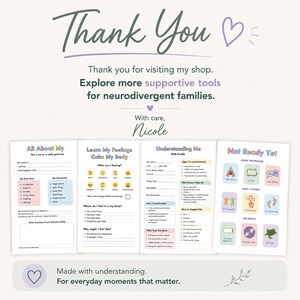 May include: A set of four printable worksheets for neurodivergent families featuring the titles All About My, Learn My Feelings Calm My Body, Understanding Me PDA Profile, and Not Ready Yet, with text, checkboxes, and colourful icons.