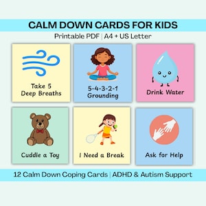 Karty do nauki radzenia sobie z trudnościami w uspokojeniu – fiszki do nauki regulacji emocji w ADHD i autyzmie, pomoce wizualne do kącika spokoju, narzędzie do nauki zachowań w klasie w formacie PDF