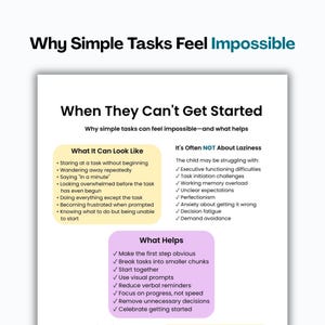 May include: An educational infographic titled Why Simple Tasks Feel Impossible. It lists signs of task initiation struggles, explains it is not about laziness, and provides strategies like breaking tasks into smaller chunks and using visual prompts.