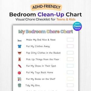 Druckbarer Aufgabenplan für Kinder und Jugendliche, geeignet für Kinder mit ADHS und Autismus, Checkliste zur Zimmerreinigung, visuelle Routineübersicht, Canva-Vorlage + PDF