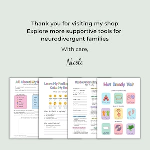 Puede incluir: Una colecci&oacute;n de hojas de trabajo imprimibles para familias neurodivergentes. Las hojas de trabajo incluyen indicaciones para la autorreflexi&oacute;n, la regulaci&oacute;n emocional y la comunicaci&oacute;n. El texto incluye "All About My", "Learn My Feeling", "Understanding" y "Not Ready Yet".
