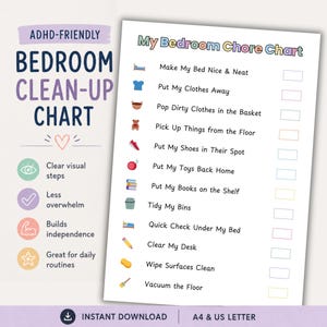 ADHD Friendly Bedroom Chore Chart, Visual Routine Checklist (Digital Download)