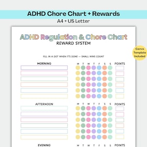 Tabla de tareas para niños con TDAH imprimible, hoja de referencia de rutina para TDAH, tabla de recompensas, programa visual para autismo, plantilla editable de Canva tamaño A4 (carta estadounidense)