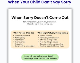 When Sorry Doesn’t Come Out, ADHD Autism PDA Apology Printable, Neurodivergent Child Repair Tool, Parent Support Handout