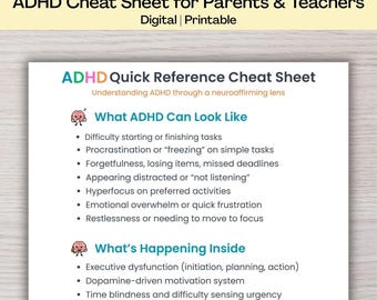ADHD Cheat Sheet for Parents & Teachers | Neuroaffirming Support Strategies, Classroom Regulation Tools, PDA for Parents, Printable PDF A4