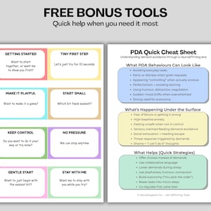 Puede incluir: Una infograf&iacute;a colorida con el texto "FREE BONUS TOOLS" y "Quick help when you need it most." Incluye informaci&oacute;n sobre comportamientos de PDA y estrategias r&aacute;pidas. El texto es negro sobre fondo blanco, con cuadros de colores.