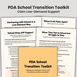 Könnte beinhalten: Das "PDA School Transition Toolkit" mit dem Untertitel "Calm Low-Demand Support" wird abgebildet. Das Bild zeigt mehrere Informationskarten mit Texten zur Unterstützung von Kindern bei Schulübergängen, einschließlich Abholung und Schwierigkeiten beim Verbleib.