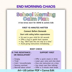 ADHD School Morning Calm Plan + Before School Visual Checklist Printable, Emotional Regulation for Kids, Autism Building Routine, Two Sizes