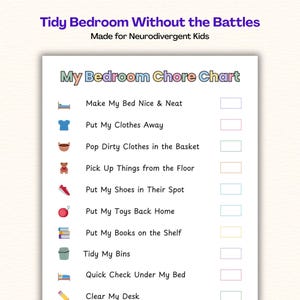 Tabla de tareas para el dormitorio infantil imprimible, adaptada a personas con TDAH y autismo, lista de limpieza para niños, tabla de rutina visual, plantilla de Canva + PDF