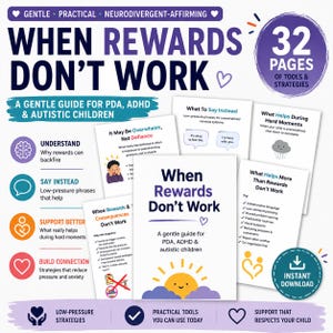 May include: A digital guide titled When Rewards Don't Work: A Gentle Guide for PDA, ADHD & Autistic Children. The document features 32 pages of tools and strategies, including sections on understanding rewards, low-pressure phrases, and support techniques.