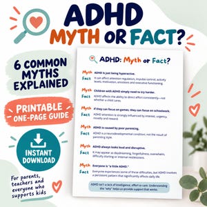 Könnte beinhalten: Ein druckbarer einseitiger Leitfaden mit dem Titel ADHD: Myth or Fact? der sechs gängige Mythen und Fakten über ADHS auflistet. Der Text erklärt, dass ADHS die Aufmerksamkeitsregulation, Impulskontrolle und exekutive Funktionen beeinflusst, während Mythen über Erziehung widerlegt werden.