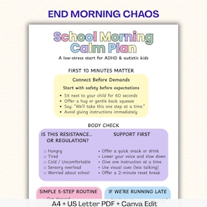 ADHD School Morning Calm Plan + Before School Visual Checklist Printable, Emotional Regulation for Kids, Autism Building Routine, Two Sizes