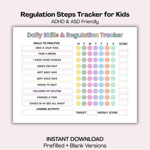 Könnte beinhalten: Ein druckbarer "Regulation Steps Tracker" für Kinder mit ADHS und Autismus. Der Tracker enthält Abschnitte zur Übung von Fähigkeiten, einen Wochenkalender und einen Bewertungsbereich. Der Text "Instant Download" ist ebenfalls sichtbar.