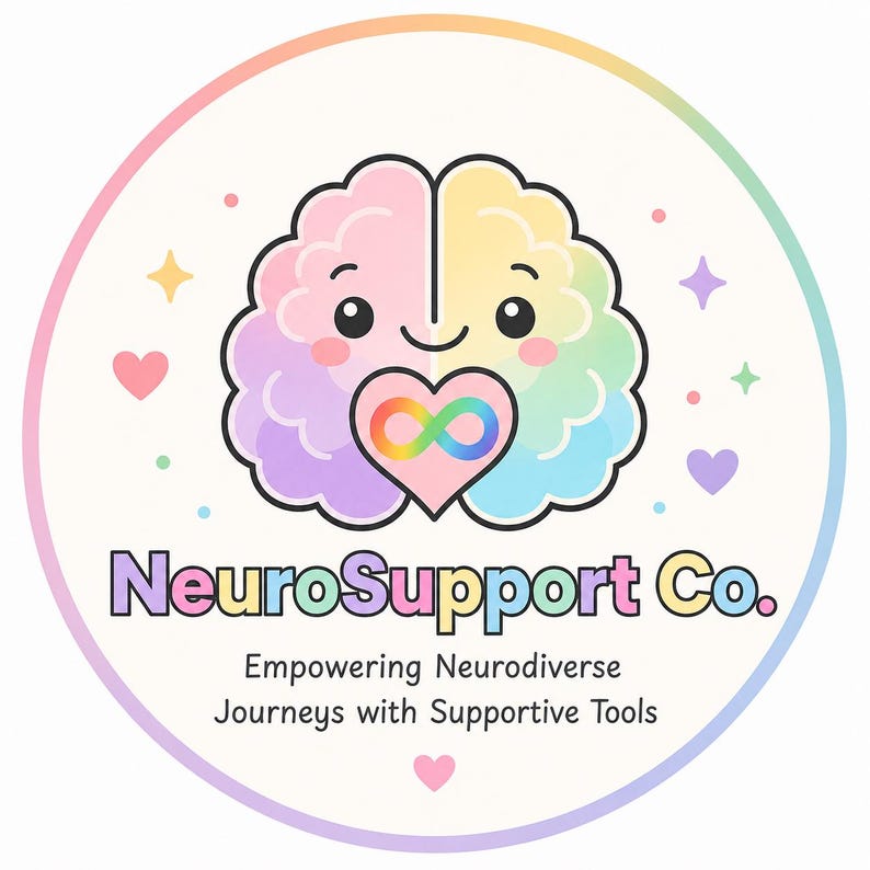 May include: A circular logo featuring a pastel-coloured brain character holding a pink heart with a rainbow infinity symbol. The text reads NeuroSupport Co. Empowering Neurodiverse Journeys with Supportive Tools, surrounded by small stars and hearts.