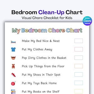 Kids Bedroom Chore Chart Printable, ADHD Autism Friendly, Room Cleaning Checklist for Kids, Visual Routine Chart,  Canva Template + PDF