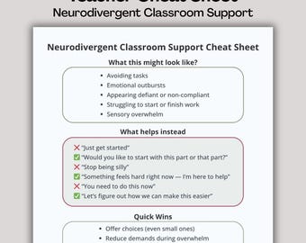Neurodivergent Classroom Support Cheat Sheet, ADHD Autism PDA Strategies (PDF)