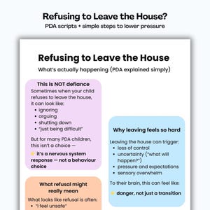 May include: A white infographic titled "Refusing to Leave the House?" with text explaining PDA and why children refuse to leave the house. The infographic uses color-coded sections to highlight key points, including "This is NOT defiance" and "Why leaving feels so hard."