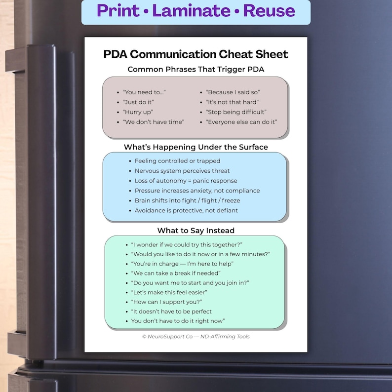 Printable PDA communication cheat sheet shown in laminated sleeve for repeated use at home or in classroom settings