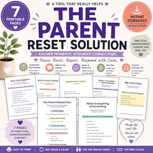 Op de afbeelding: Een set van zeven printbare pagina's getiteld The Parent Reset Solution, met tekstgebaseerde gidsen voor emotionele regulatie. De documenten bevatten secties zoals My Calm Plan, When Everything is Escalating en The Parent Reset Plan.