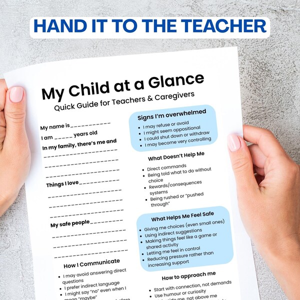My Child at a Glance, Teacher Cheat Sheet, Student Profile Template, Editable Canva, Autism ADHD PDA School Support, Parent Teacher Tool