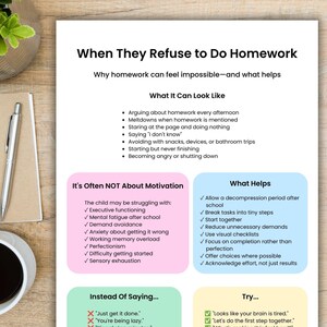 May include: A white informational flyer titled When They Refuse to Do Homework, featuring black text on a white background with pink, blue, green, and yellow sections. The content lists signs of homework resistance, potential causes, and helpful strategies.