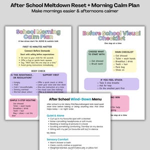 Puede incluir: Un conjunto de gr&aacute;ficos educativos coloridos con texto, dise&ntilde;ados para ayudar a los ni&ntilde;os con TDAH y autismo a gestionar sus ma&ntilde;anas y tardes. Los gr&aacute;ficos incluyen listas de verificaci&oacute;n, rutinas y estrategias calmantes.