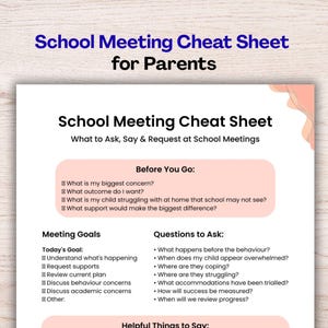 May include: A School Meeting Cheat Sheet for Parents document with a white background and soft peach accents. The text includes sections titled Before You Go, Meeting Goals, and Questions to Ask, providing prompts for parents to prepare for school meetings.