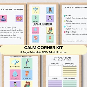 Può includere: Un kit stampabile Calm Corner con linee guida, schede strumenti e un piano di calma. Il kit include schede con illustrazioni e testo per la gestione delle emozioni e la promozione della regolazione emotiva. Disponibile in A4 e US Letter.