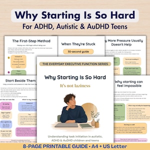 Peut inclure: Un guide imprimable de 8 pages intitulé Why Starting Is So Hard For ADHD, Autistic & AuDHD Teens. La couverture présente une illustration d'une personne assise à un bureau avec un ordinateur portable et un carnet. Les pages contiennent du texte.