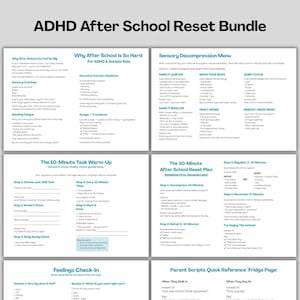 Puede incluir: Documento blanco titulado "ADHD After School Reset Bundle" con secciones como "Sensory Decompression Menu" y "The 10-Minute Task Warm-Up". El texto es negro sobre fondo blanco.