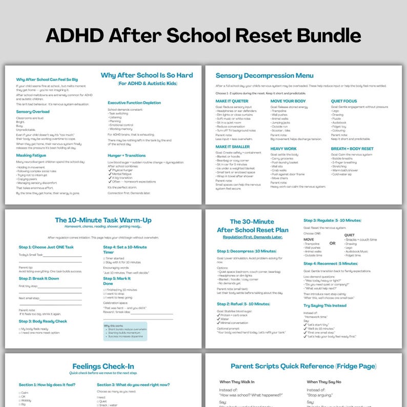 Puede incluir: Documento blanco titulado "ADHD After School Reset Bundle" con secciones como "Sensory Decompression Menu" y "The 10-Minute Task Warm-Up". El texto es negro sobre fondo blanco.