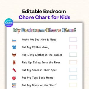 Kids Bedroom Chore Chart Printable, ADHD Autism Friendly, Room Cleaning Checklist for Kids, Visual Routine Chart,  Canva Template + PDF