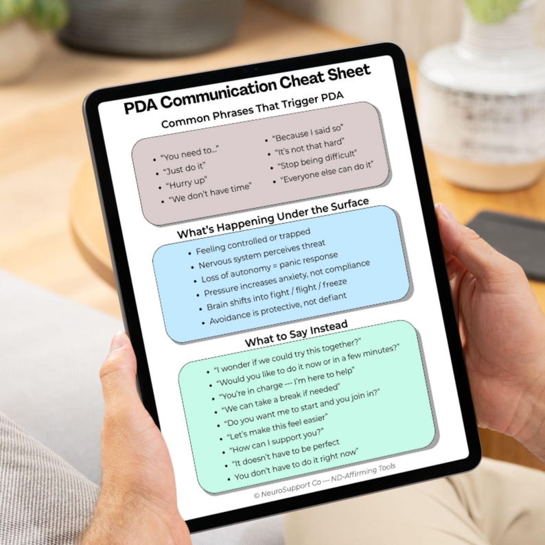 PDA communication cheat sheet displayed on tablet screen for digital use at home, school, or therapy