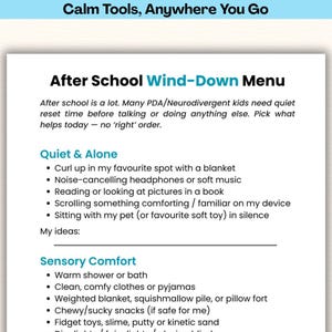 ADHD Autism After School Wind Down Menu | Calm Down Routine for ADHD, PDA for Parents, Emotional Regulation Printable, Pdf Png Download