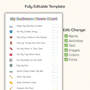Puede incluir: Un gráfico de tareas de dormitorio blanco, titulado "My Bedroom Chore Chart", con texto e iconos coloridos. La lista incluye tareas como hacer la cama y guardar la ropa. El lado derecho enumera elementos editables: nombre, actividades, texto, imágenes, colores y fuentes.