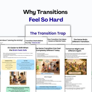 May include: An educational infographic titled Why Transitions Feel So Hard, featuring The Transition Trap, It's Easier to Shift When the Brain Feels Safe, The Same Transition Can Feel Completely Different Today, and Tomorrow Might Look Different Again.