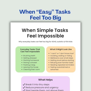 May include: A white infographic with blue, green, orange, and purple sections. The title reads "When 'Easy' Tasks Feel Too Big." The infographic lists everyday tasks that can feel impossible and what it might look like, along with tips on what helps.